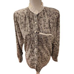 Vintage 80s Tapestry Black and White Floral Long Sleeve Blouse Shirt